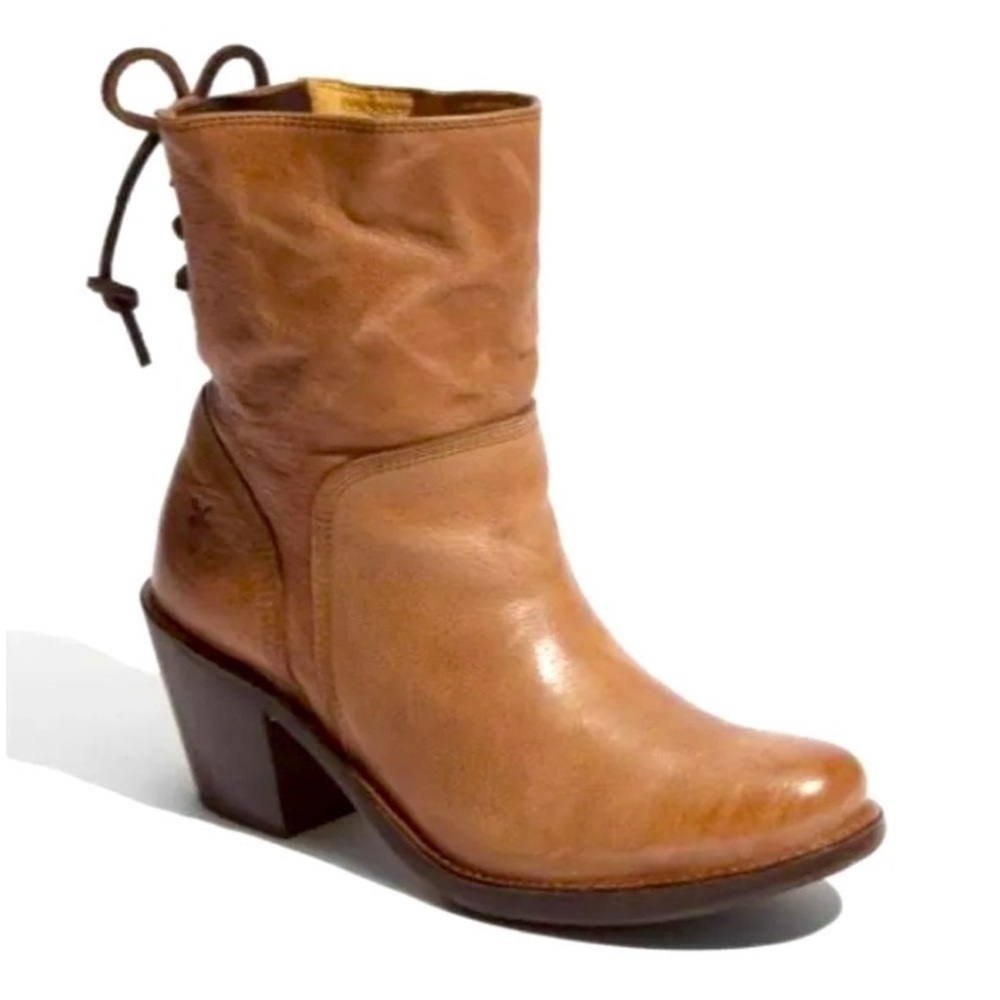 Frye Boots Carmen Ankle Booties Leather Back Lace Chunky Heel Casual Boho Tan 9